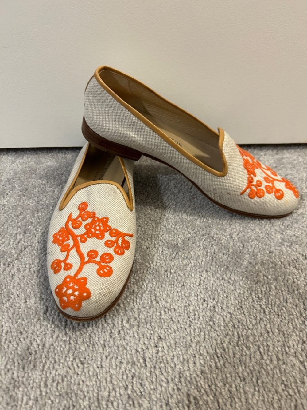 Stubbs & Wootton Cream Canvas Loafers with Orange Floral Embroidery - Picture 2 of 2